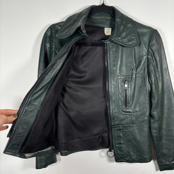 Vintage Leather Zip Jacket Dark Green 70s moto boho Size X Small - Picture 3 of 7